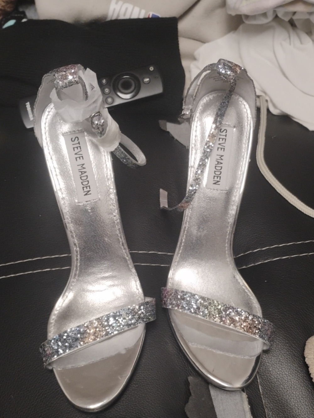 STEVE MADDEN BRESLIN HEELED RHINESTONE FINISH AND SILVER GLITTER STILETTO HEELS